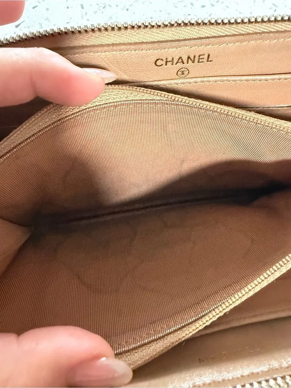 CHANEL Quilted Zip Wallet in Taupe Brown with Gold CC